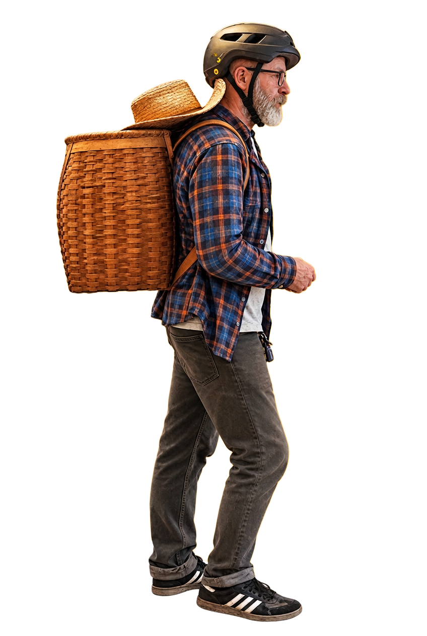 Illustrated portrait of Dennis Lanigan carrying a woven farm basket
