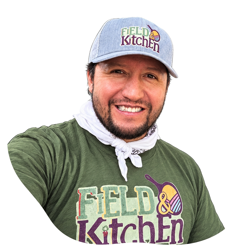 Illustrated portrait of Rene Uribe wearing a Field and Kitchen shirt