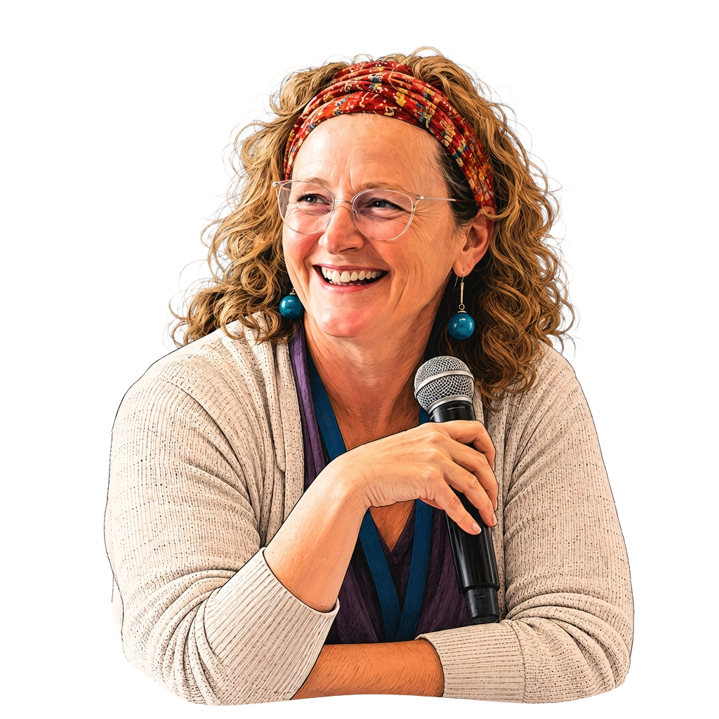 Illustrated portrait of Sonya Jones holding a microphone